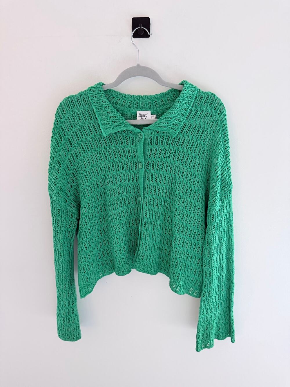 Princess Polly Open Knit Button Up Green Cropped Cardigan-Size 6